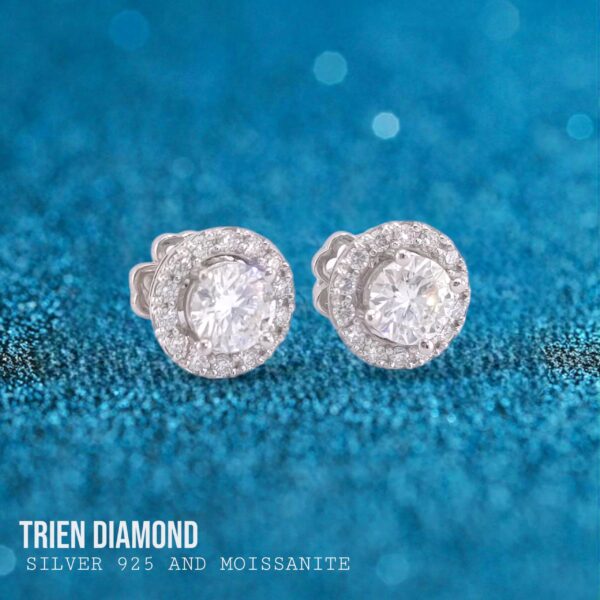 Bông tai kim cương Moissanite nữ cao cấp halo tròn (B75521) - Hình ảnh 3