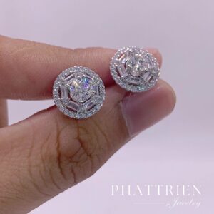 Bông tai chủ kim cương Moissanite GRA halo tròn (B76637)