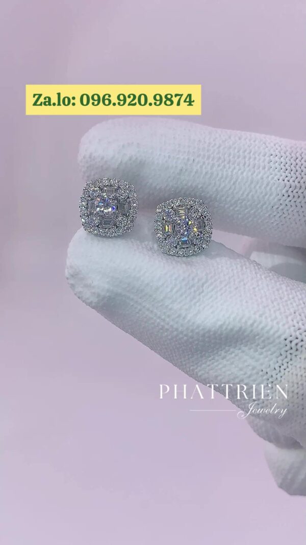 Bông tai kim cương Moissanite GRA halo vuông (B89081) - Hình ảnh 2